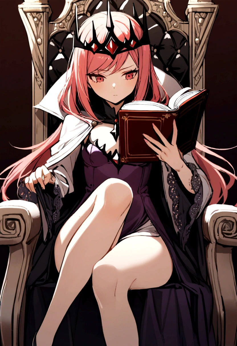 1 girl, smallbreast,light red hair, wearing a simple evil queen tiara, wearing a large shirt that reaches the thighs,sitting boldly on a throne, reading a book .