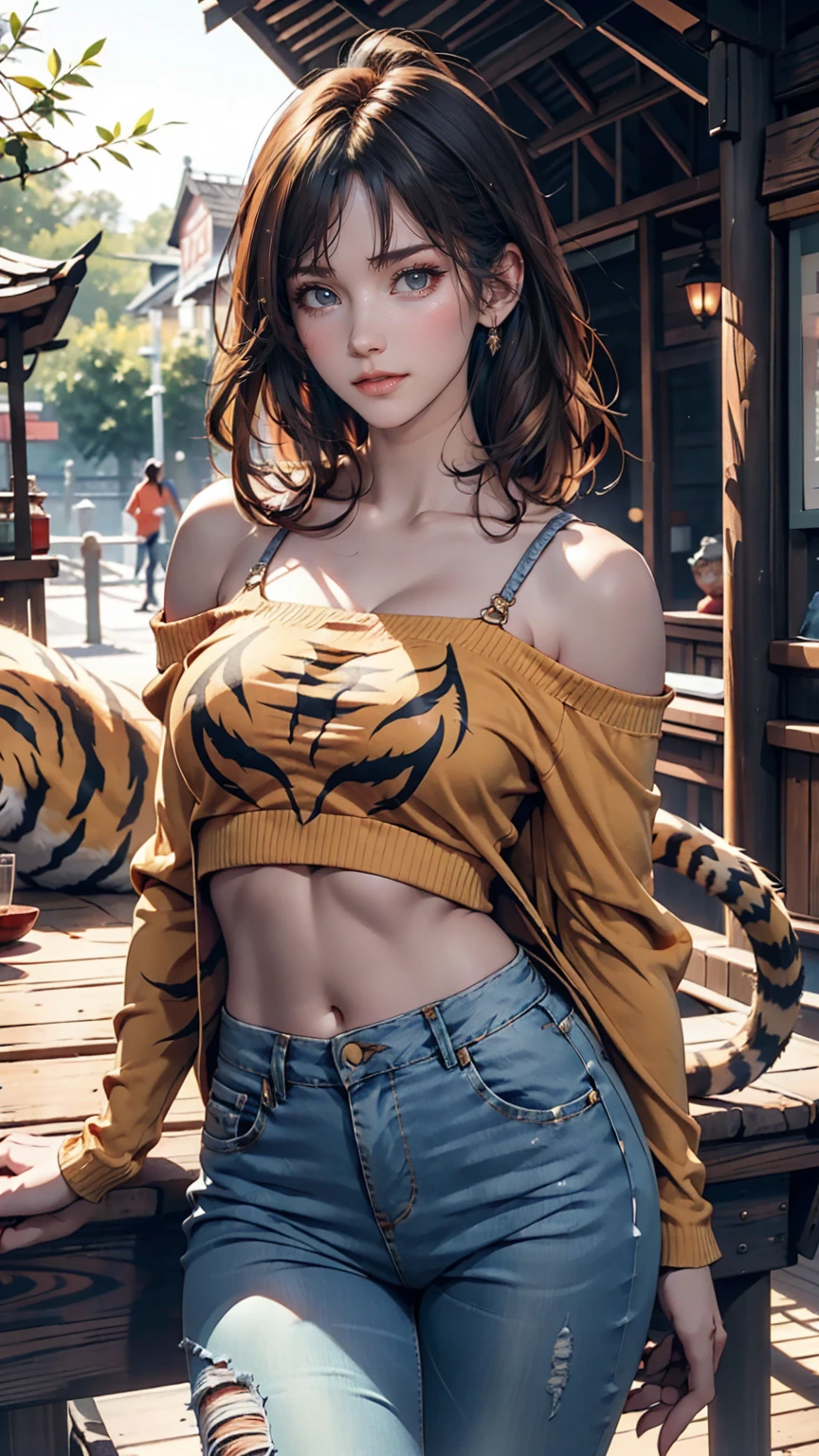 zoo、Tiger enclosure((Iron bars))in front of、19-year-old female、Hair color is gradient color、Wear a tiger print off-the-shoulder top、Wear low rise skinny jeans、Tiger behind