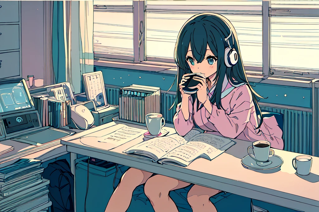 pastel colour、A beautiful girl studying at a desk in her room while listening to music with headphones、radio、Coffee cup、 quiet night,Japanese anime