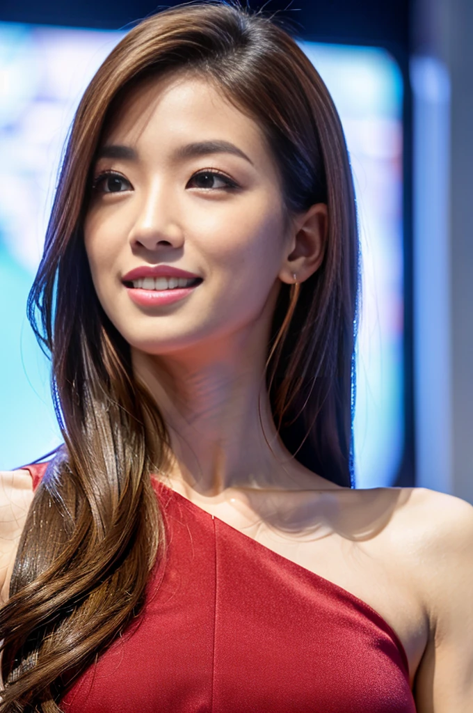 Giant beauty created using gene editing technology:1.3，Attractive Shandong female model，elongated face:1.4，Highlighting the extremely exaggerated feminine muscular and strong body，Head close-up，Sexy belly:1.3，，Smile，Perfect iris，Top quality，16K，Ultra-high resolution，Top-level detail presentation，real picture，Sony Master Lens