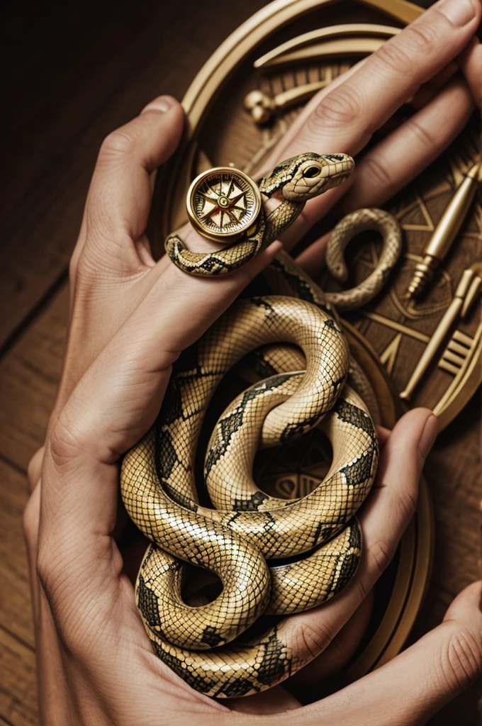 A hand and a snake holding a compass