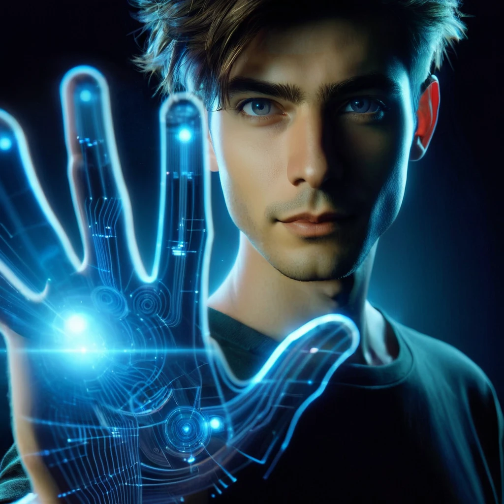 (Masterpiece, best quality, raw photo, 8k, highest resolution) hasselbad, portrait, head and shoulders close-up, male, 30s, smiling, trendy haircut, glasses, watching a computer, , bokeh, Geek , nerdy, with a t-shirt that says maqui in a nighttime environment