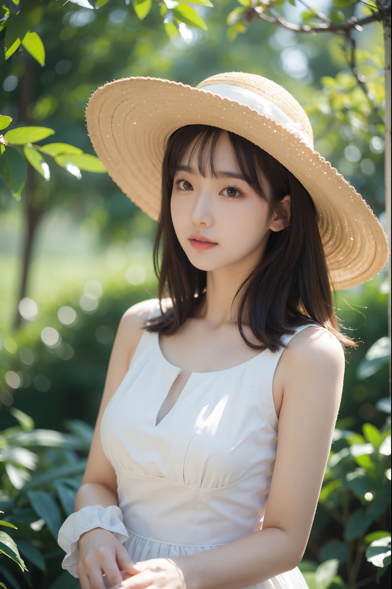 Best portrait photography, 35mm film, natural blurry, 1girl, sun dress, wide brimmed hat, radiant complexion, whimsical pose, fluttering hair, golden sunlight, macro shot, shallow depth of field, bokeh, dreamy,