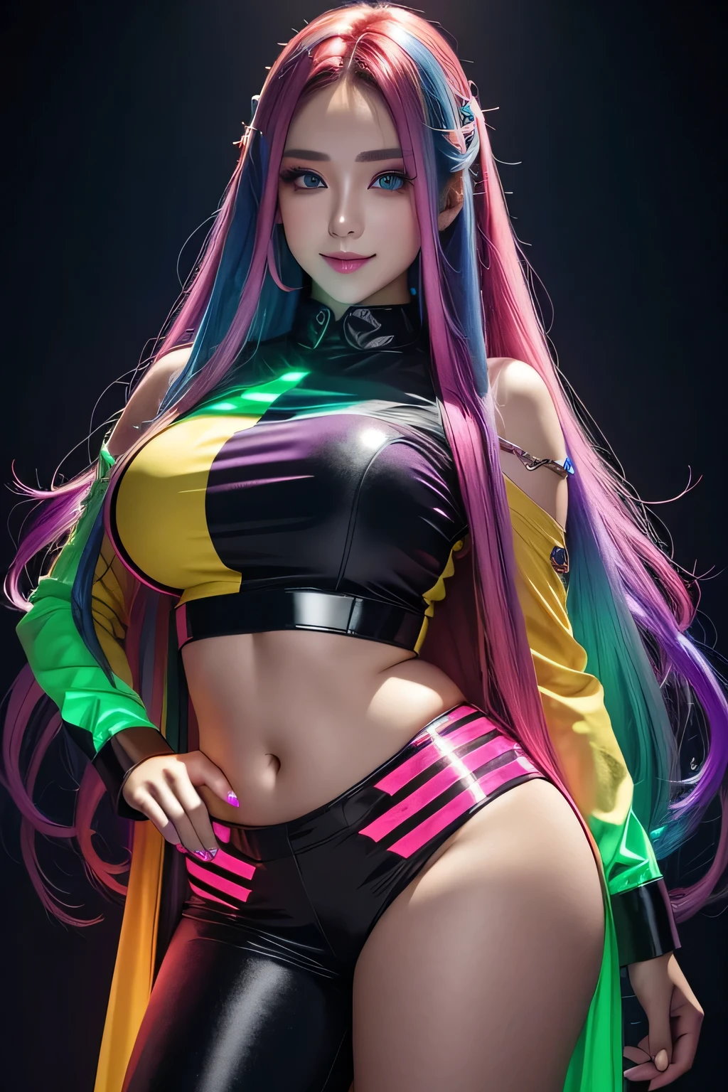 Gorgeous girl wearing multicolored led lit long shirt and led lit trousers, multi colored hair, very long hair, posing to a camera, detailed eyes, detailed face, detailed hands, seductive smile, curvy body