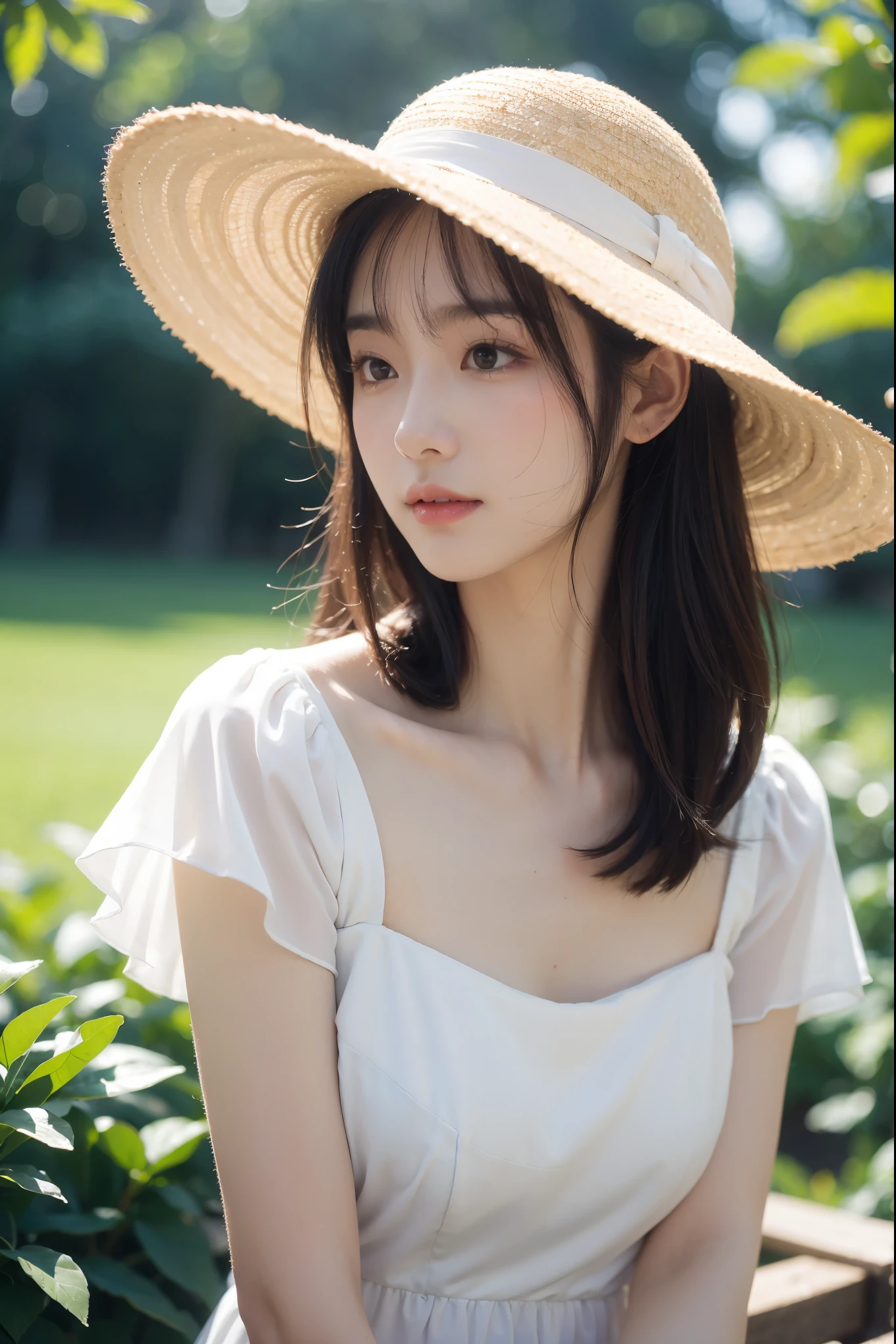 Best portrait photography, 35mm film, natural blurry, 1girl, sun dress, wide brimmed hat, radiant complexion, whimsical pose, fluttering hair, golden sunlight, macro shot, shallow depth of field, bokeh, dreamy,