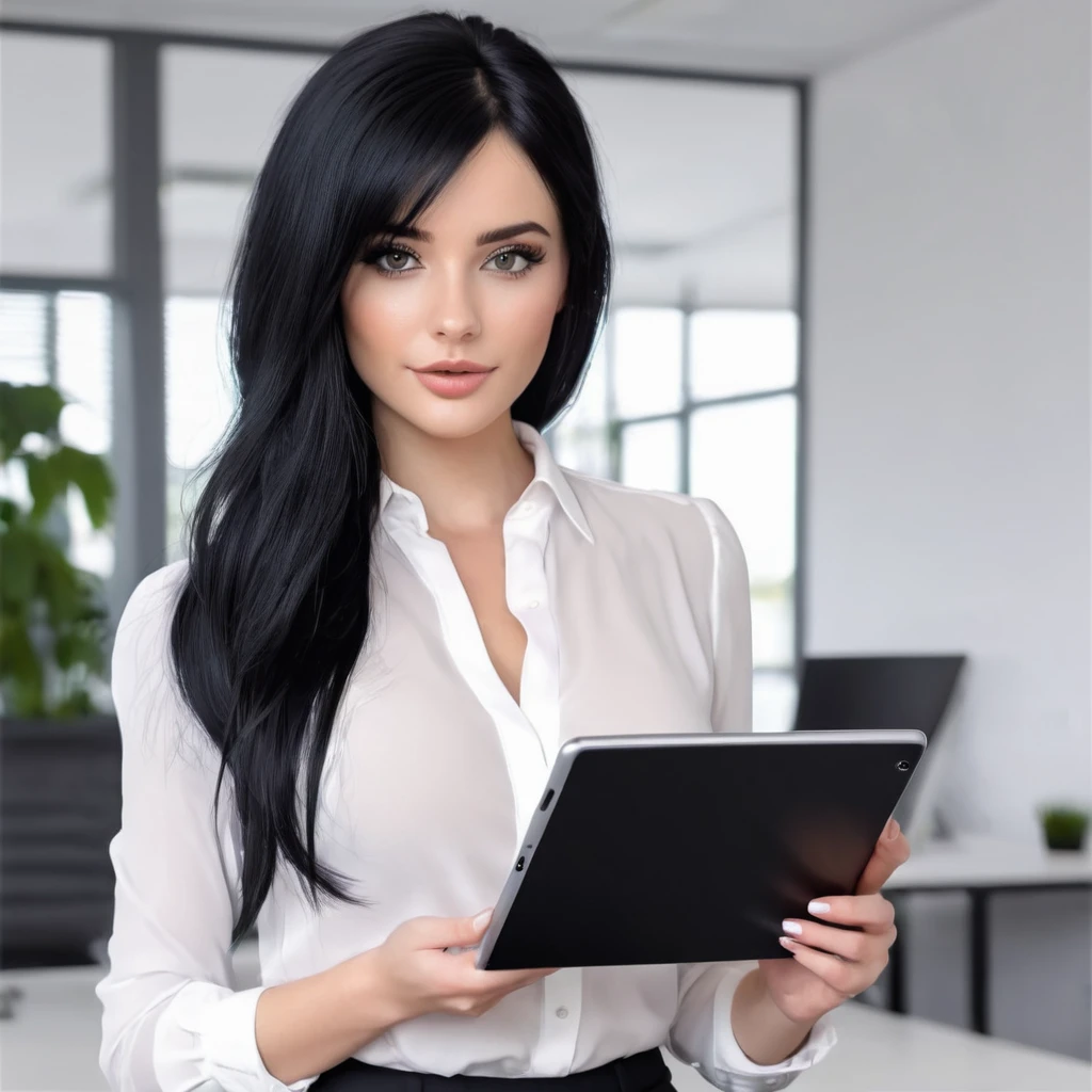 ultra realistic, white skin, very beautiful, black hair, girl next door, natural, office attire with tablet in hand