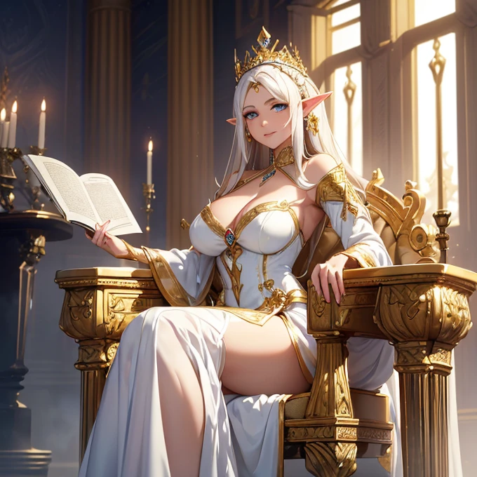 (absurdres, best high quality image, carefuly detailed features and textures, very detailed image, solo character alone, full character vew): {{Elf queen 1.000 years old mature adult milf} (beautiful face, sexy feminine and sexy features, beautiful light blue eyes, voluptuous body, big breasts, beautiful legs, golden long hair, golden eyebrows), (white long royal dress, golden crown, white long royal sleeves middle finger sleeves, cleavage), (lovely cheerful smile, lovely demeanor, full of wisdom and love), (sitting on her golden throne, playing a silver lyra, at her royal elf golden throne room)}}