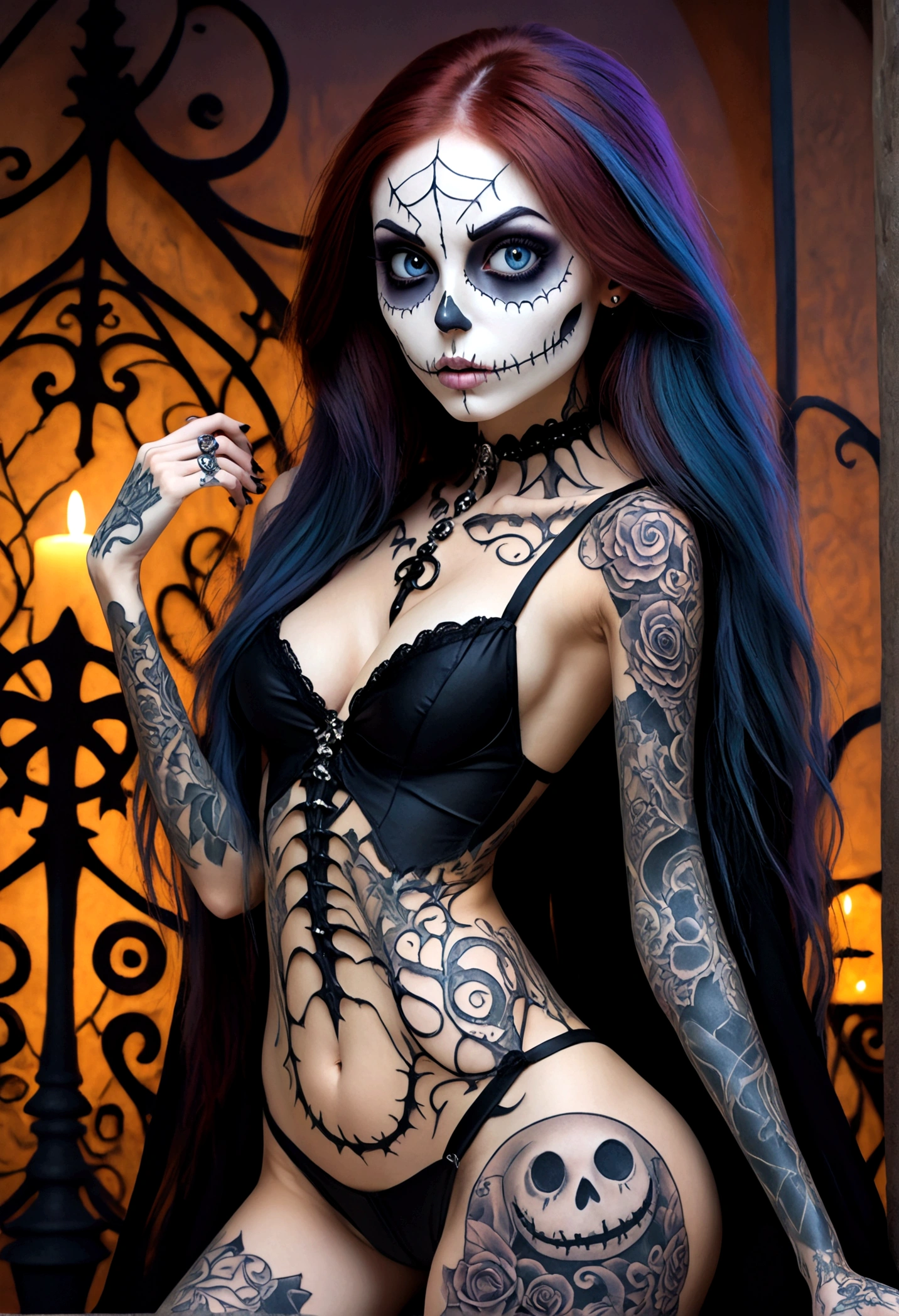 Create a hyper detailed photograph of a nightmare before Christmas tattoos young stunning gorgeous sexy sally Skellington, Stunningly perfect gorgeous face, perfect skeleton make up, detailed vibrant eyes, long hair,detailed perfect beautiful legs, detailed perfect beautiful arms, realistic torso, detailed pale silky smooth skin, detaile perky breast, perfect round ass, transparent strappy lace lingerie, back to camera looking forward,