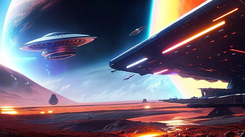 Epic sci-fi space battle scenes, alien spaceships, many small craft launching from large ships, phaser beams firing, attacking Earth's cities, people fleeing, dramatic lighting, cinematic angles, complex machinery, glowing energy fields, metallic textures, dramatic camera angles, epic scale, highly detailed, photorealistic, 8k, award-winning sci-fi concept art, moody color palette,