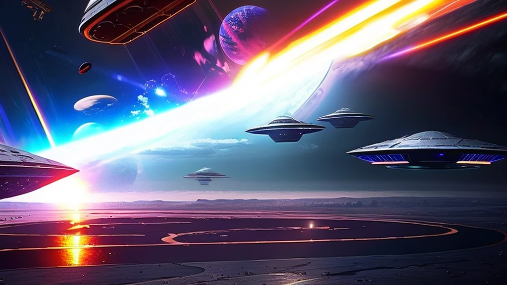 Epic sci-fi space battle scenes, alien spaceships, many small craft launching from large ships, phaser beams firing, attacking Earth's cities, people fleeing, dramatic lighting, cinematic angles, complex machinery, glowing energy fields, metallic textures, dramatic camera angles, epic scale, highly detailed, photorealistic, 8k, award-winning sci-fi concept art, moody color palette,