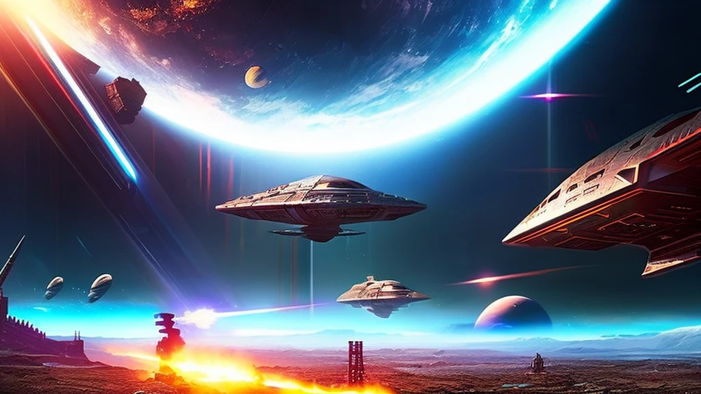 Epic sci-fi space battle scenes, alien spaceships, many small craft launching from large ships, phaser beams firing, attacking Earth's cities, people fleeing, dramatic lighting, cinematic angles, complex machinery, glowing energy fields, metallic textures, dramatic camera angles, epic scale, highly detailed, photorealistic, 8k, award-winning sci-fi concept art, moody color palette,