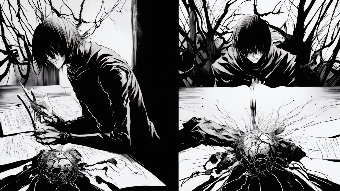 Death note、v5lcn style,Ink Art,(highest quality,Tabletop:1.2),(Black and white comic core:1.1),(extremely high contrast),Dark ink,8K,