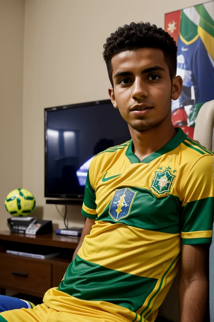 a teeenage boy sitting in his room and watching brazilian football match on TV. The boy is wearing an brazilian jersey with Riyad name with on it