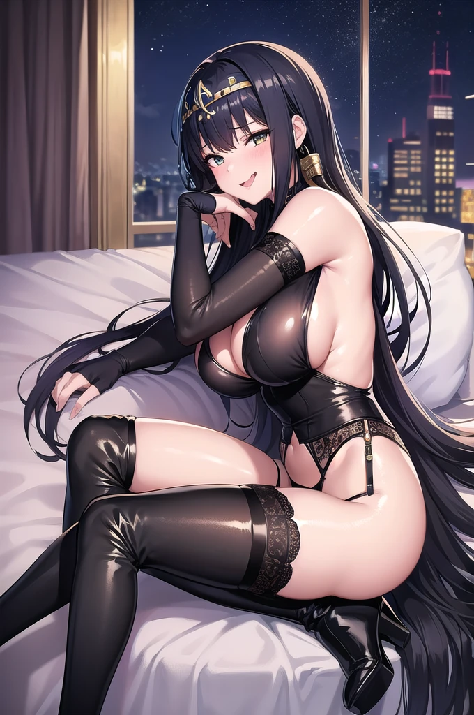 ((Anime illustration)) ,【1girl,1boy(men and women)】, 【kiss】and【tongue out(Tongue out)】,In a hotel bed on a moonlit night,Beautiful night view, 【nsfw】【1boy】【penis】,((Black-haired Cleopatra)),Beautiful black bikini,((Gorgeous big breasts shining)),Lace Top Stockings,Knee-high boots,garter belt,Long satin gloves,(Laughing with your fingers),Crossing your legs,Condescending look,Provocative pose,Sexy body