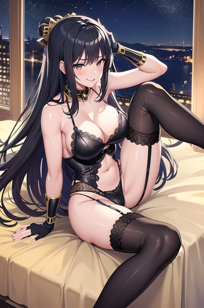 ((Anime illustration)) ,【1girl,1boy(men and women)】, 【kiss】and【tongue out(Tongue out)】,In a hotel bed on a moonlit night,Beautiful night view, 【nsfw】【1boy】【penis】,((Black-haired Cleopatra)),Beautiful black bikini,((Gorgeous big breasts shining)),Lace Top Stockings,Knee-high boots,garter belt,Long satin gloves,(Laughing with your fingers),Crossing your legs,Condescending look,Provocative pose,Sexy body