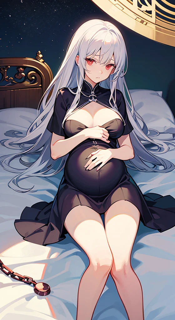 one pregnant anime girl with white hair and red eyes, chained and laying on a bed. Sad. breast feeding