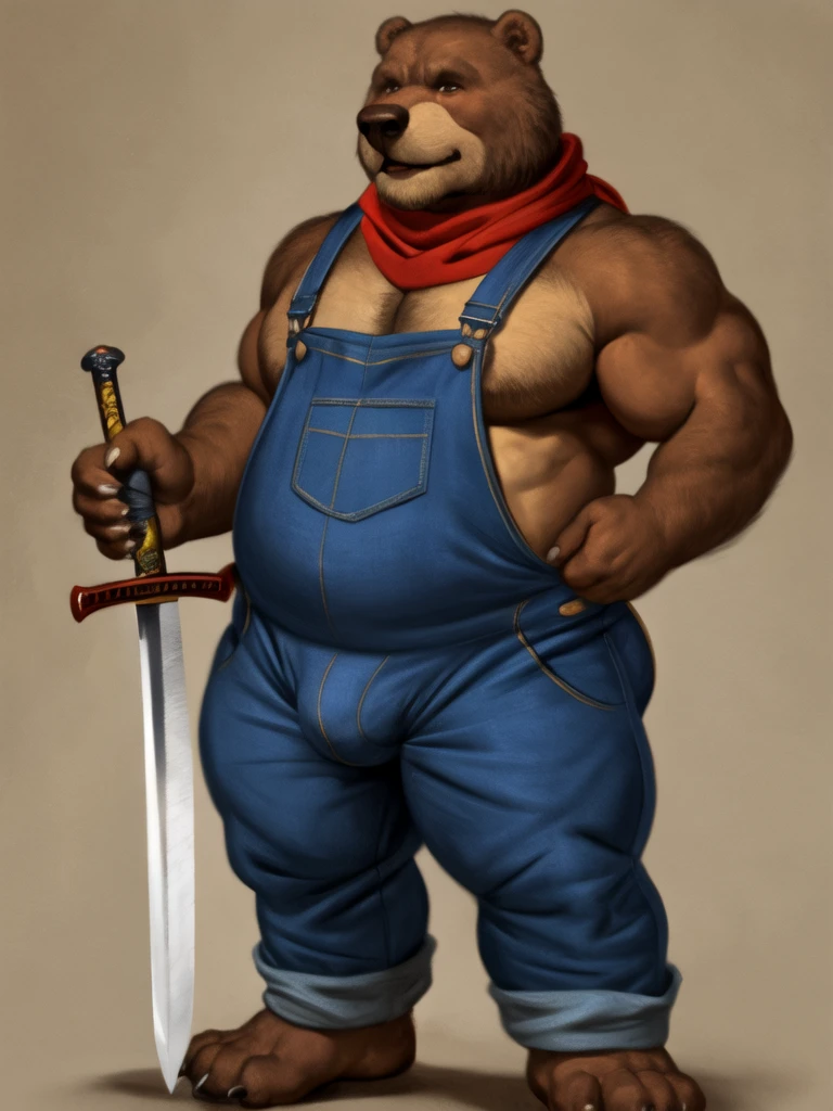 antro by the little bear_rusty), red scarf, (Old bear with sword), old daddy , obese and muscular , naked, simple background, ultra detailed, pose natural, (voluminous:1.3) body_sexy , standing, by honovy, correct claws in five of paws in dark , manly, Bulge, bulk, fur in brown, claws in five, blue overalls, hacha, nice nose_dark brown