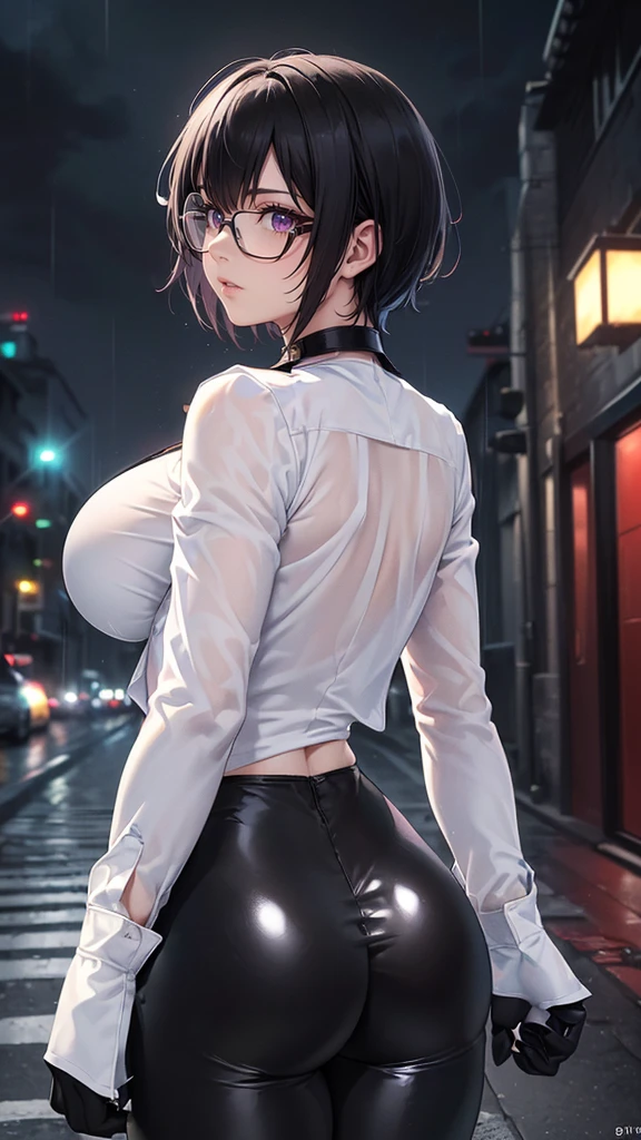 Masterpiece, Best Quality, (perfect anatomy,realist:1.3, view from behind, perfect ass, facial focus,(without looking at the viewer:1.2), (1 girl in:1), 1 woman, (big breasts:1.2), sexy body, thin waist, Attractive front curves, round and soft chest, disgusted face, (black fur:1.6, short hair), evening, Heavy Rain, exterior, City, crop top, he wears transparent glasses, choker 1:6, (White long sleeve collar shirt:1.4), black gloves covering up to the elbow, (shiny black leggings), blood stains, Dark alley, blood splattered on the floor, bright red light, bright Eyes, depth of field, night sky, Atmosphere, perfect hands