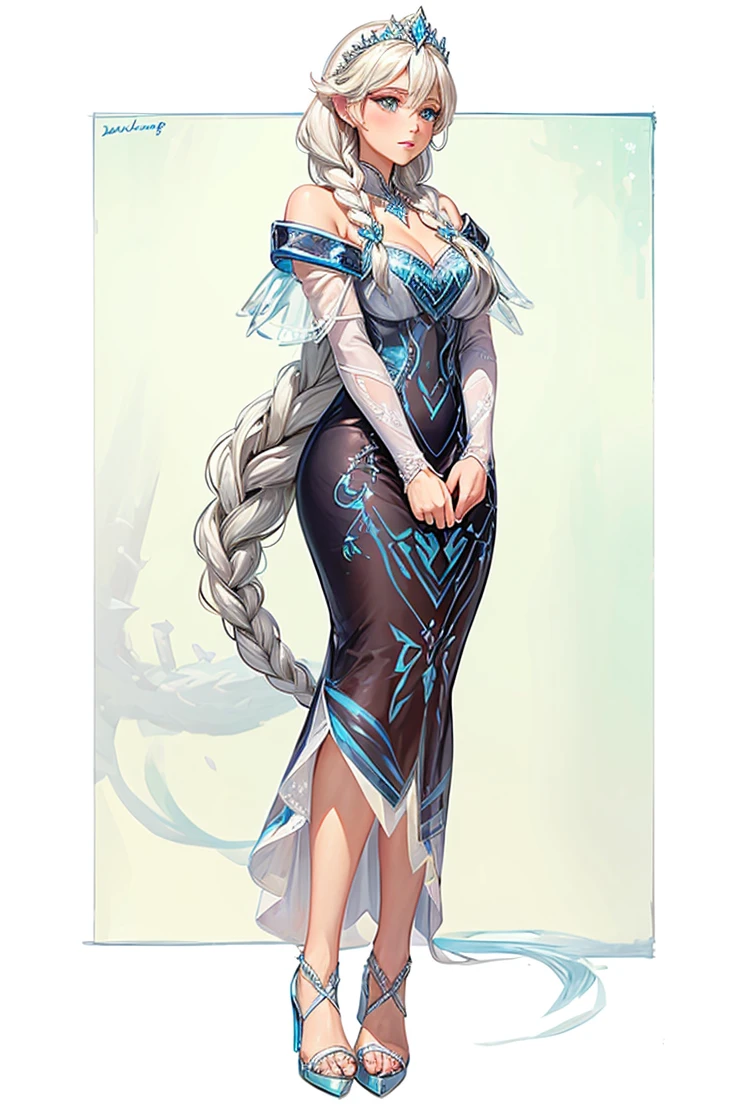 A woman Long hair Ice dress like Elsa from Frozen Ram's horns Medium petios White dress with ice blue details