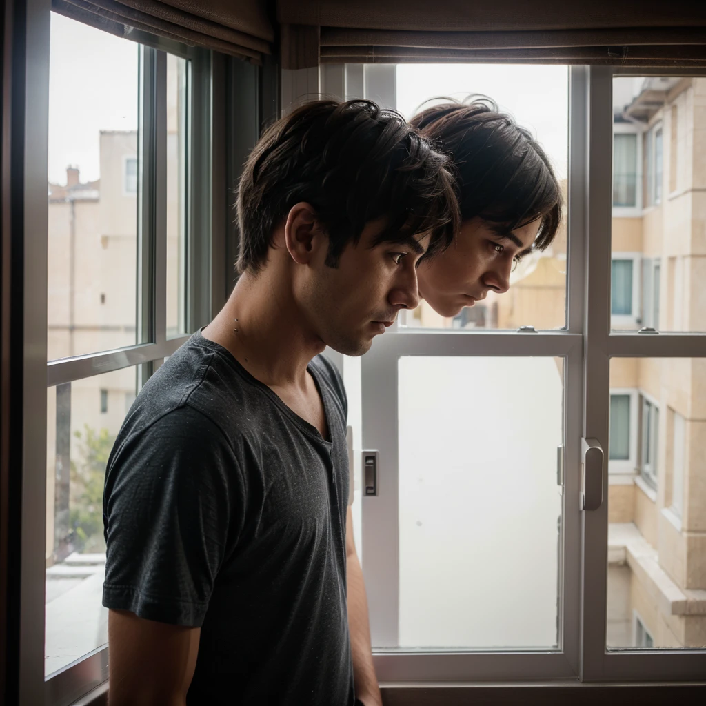 sad man looks from the window at the girl he likes