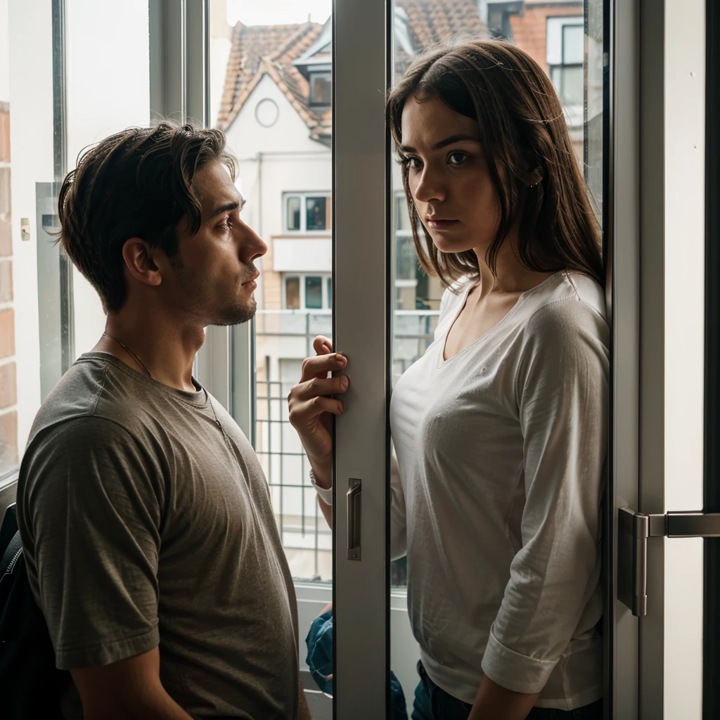 sad man looks from the window at the girl he likes