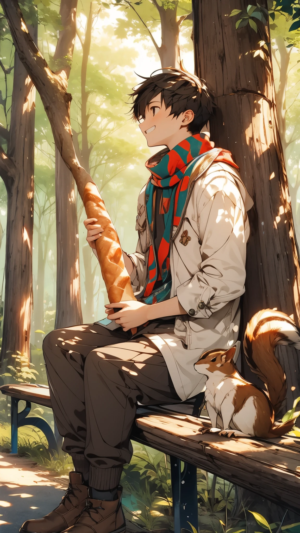 A age with a colorful scarf sits on a park bench nestled amongst towering redwoods. He holds a baguette out to a curious squirrel perched on the armrest, a playful smile on his face, ((boy holding a Baguette):1.2), ((squirrel):1.1)