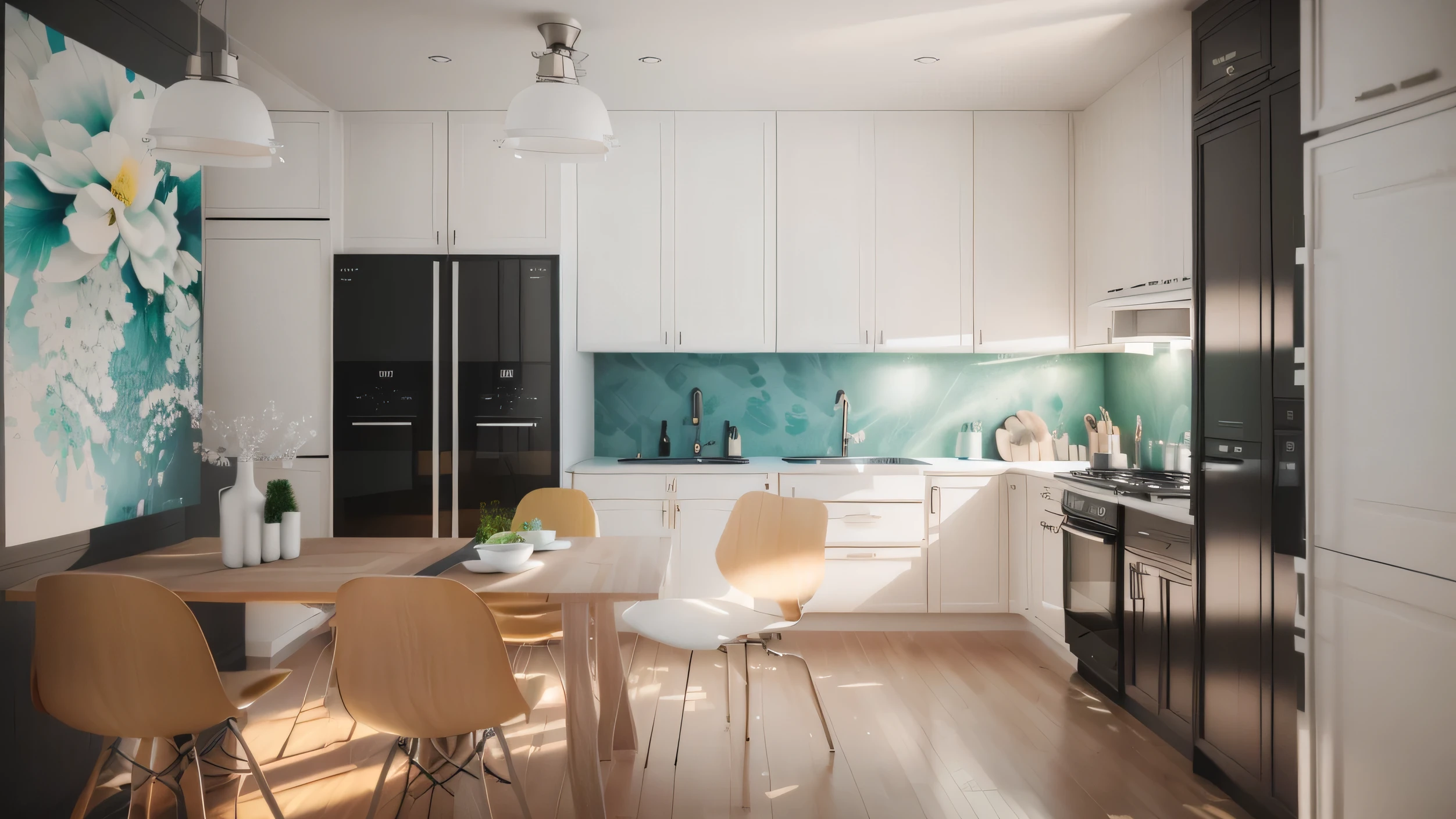 there is a kitchen with a table and chairs in it, excellent 3d render, render vray, vray render 4k, vray render 4 k, high quality 3d render, high quality 3 d render, vray 4k render, stuning 3 d render, 3 d vray render, super realistic render vray, vray render, archviz