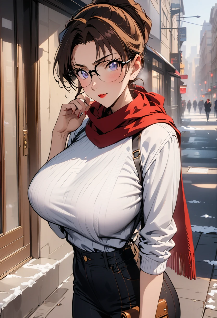 （best quality，4K，8K，high resolution，masterpiece：1.4），Ultra Detail，Detail face：1.3，White sweater，Red scarf，wearing glasses，Perfect body，Big Breasts，Fashion，winter，Snowflakes falling，Anime style