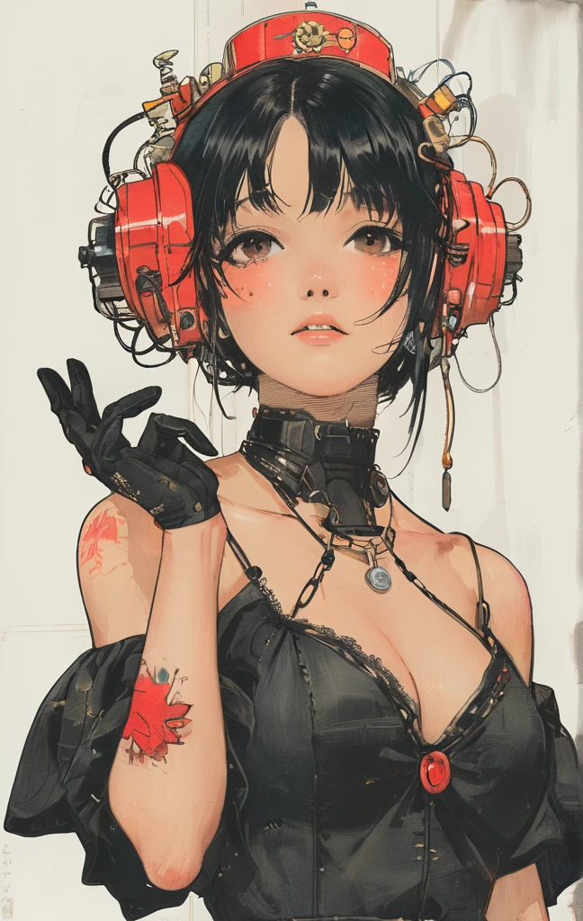 masterpiece, best quality, 1girl, gloves, solo, tongue, red background, black gloves, tongue out, long hair, elbow gloves, bangs, puffy sleeves, open mouth, grey hair, short sleeves, looking at viewer, hands on own face, upper body, blunt bangs, puffy short sleeves, colored tongue, heart, black dress, dress, hands on own cheeks, red eyes, facial mark, crown, simple background, tattoo, string, teeth, halftone、alone, One girl, profile,Black Bob, profile, The background color is solid yellow,An illustration