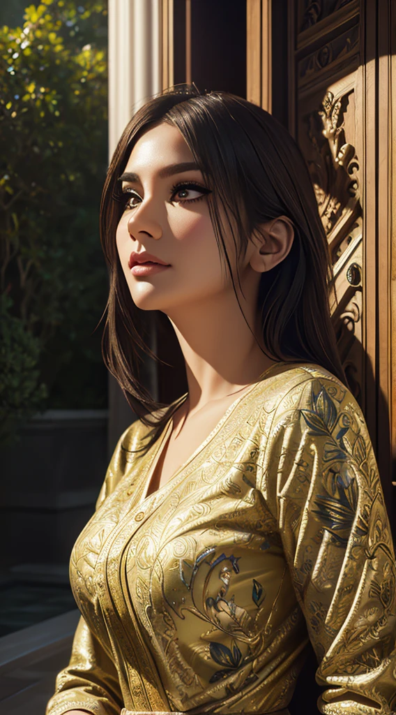 With a look of embarrassed, a woman gazes at the viewer with eyes widened in awe. makeup and a goddess-like presence. This stunning painting showcases intricate details, from the intricate brushstrokes capturing the woman's expression to the ethereal glow emanating from her immaculately rendered features. The use of the Unreal Engine render adds a layer of realism and depth to the image, elevating it to a level of unparalleled beauty and artistry.