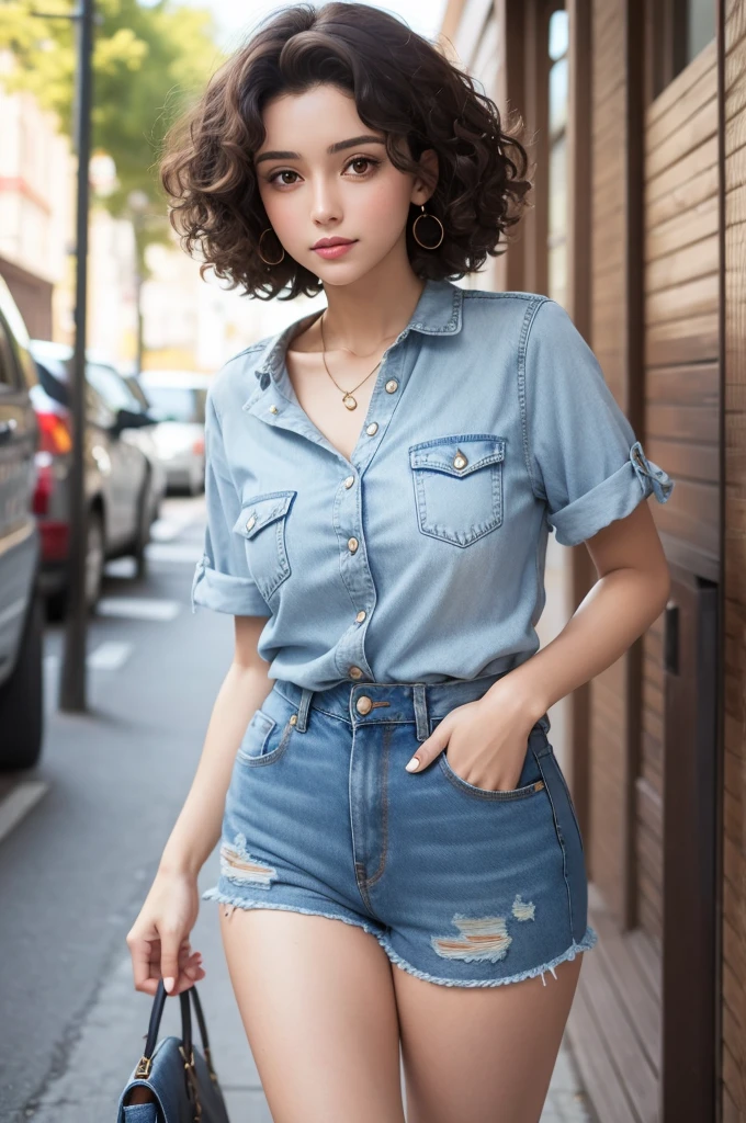 Tall brunette with short curly hair wearing denim shorts and blouse