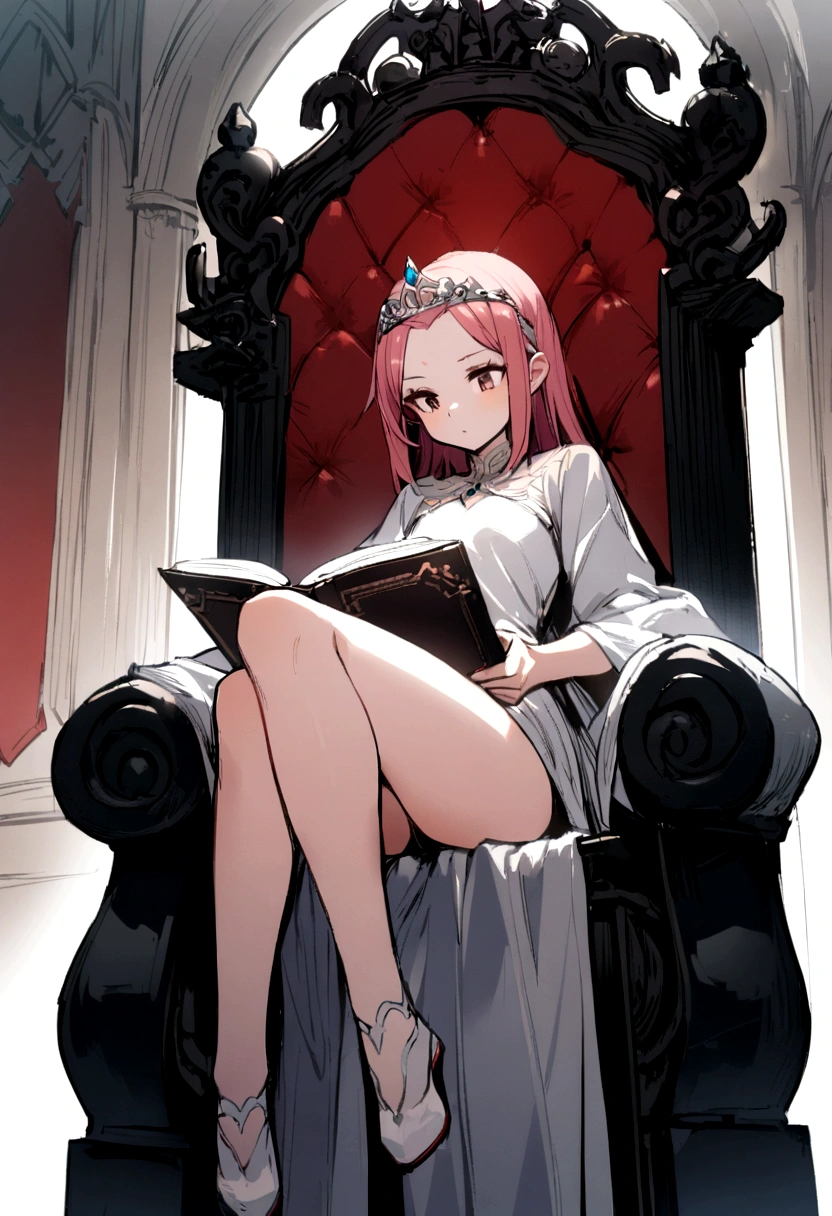 1 girl, smallbreast,light red hair, wearing a simple tiara , wearing a large shirt that reaches the thighs,sitting boldly on a throne, reading a book .