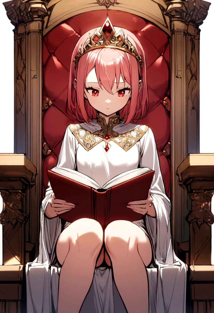 1 girl, smallbreast,light red hair, wearing a simple evil queen tiara, wearing a large shirt that reaches the thighs,sitting boldly on a throne, reading a book .