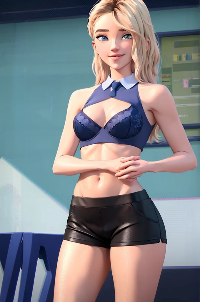 Masterpiece,(Best Quality),Very detailed,ultra detailed,1 girl, tight shorts, blue bra, SMILE, Hands tied,