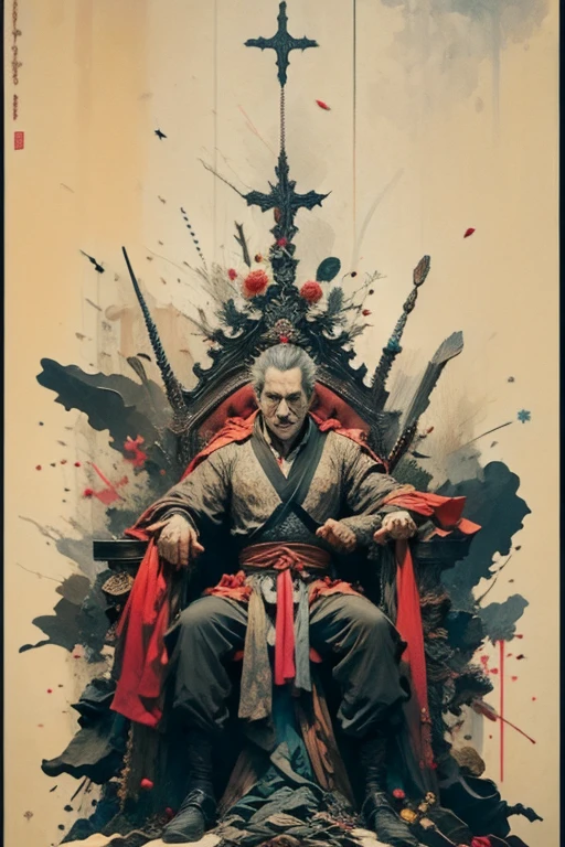 Masterpiece, Ultra-Detailed portrait, detailed illustration, high quality, high resolution 16k man in a crown sits on a throne with a sword, the great stokor king, lord of hell on the throne, The Medieval Old King, King Richard the Lionheart, the king of death, The King of Hell, Richard IV king of Rome, Sitting on the Iron Throne, Anato Finnstark!!, Robert De Niro as Medieval Joker, Jaime Lannister, cloud,colorful, ink