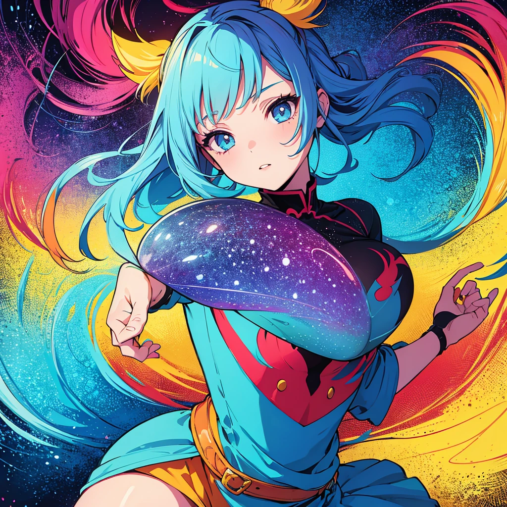 A vibrant illustration of a girl&#39;s profile with pale hair and colorful accessories, Abstract space background. BREAK Girl seen from the side, Her gaze was fixed on an invisible spot., Attention to detail in hair and earrings. The Blake character exudes a futuristic vibe with geometric hair accessories and tech-inspired earrings., Against the background of the soft redness of her cheeks. BREAK The background is a fantastic array of planets, performer, ambiguous shape, A sense of wonder and the vastness of the universe.