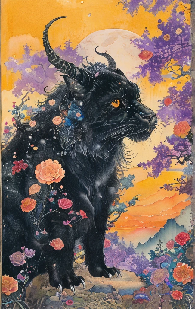 A white dragon lies in the middle of an endless field full of purple flowers, surrounded by snow-capped mountains and a blue sky sparkling with golden sunset rays. The whole scene is filled with a dreamy atmosphere, with vibrant colors and detailed background elements rendered in high resolution and detailed in a top quality illustration style. A girl with black hair and white eyes, dressed in dark , stands next to an anthropomorphic tiger, both looking at the camera. The background is adorned with intricate patterns of flowers and leaves., with a black color scheme, taken from a low angle shot, with high resolution and high detail, a masterpiece、((highest quality)),(ultra high resolution),(Super detailed),(detailed description),((The best CG)),(best work of art),super precision art,amazing drawing art,(Fantasy art with intricate detail:1.5), (Female Devil:1.6),(A beautiful face with a hint of madness:1.6),(disaster々New tattoo:1.4),(stiletto heels:1.6), (Blasphemous Magic Circle:1.8), Skull Moon, bat, alone, One girl, profile,Black Bob,　profile,  The background color is solid yellow,An illustration