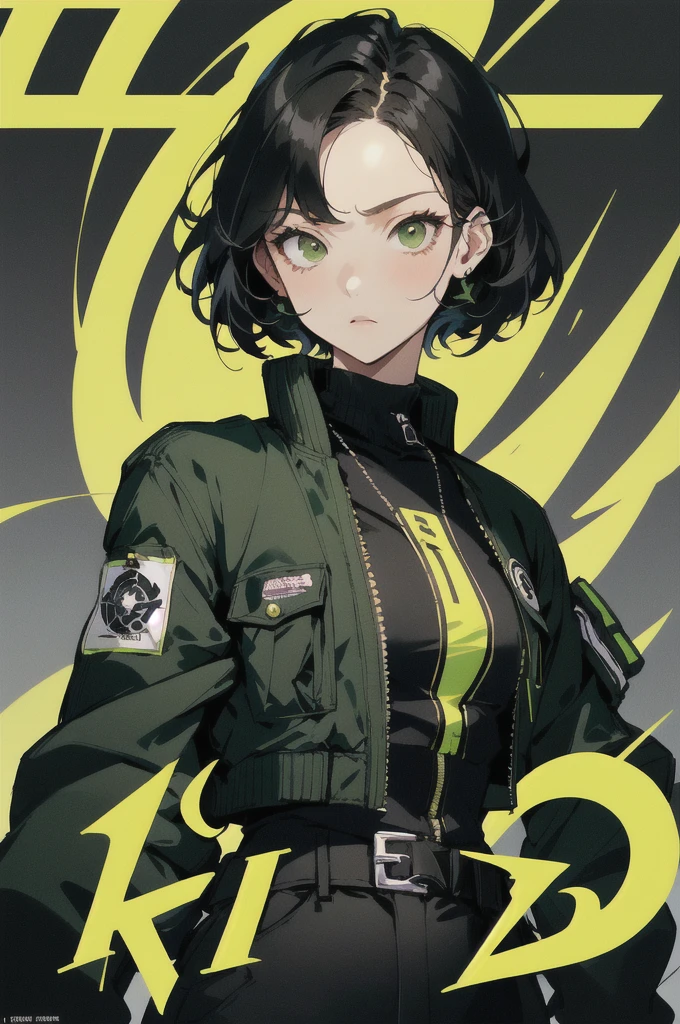(masterpiece: 1.2, best quality), (1 lady, solo, upper body: 1.2),Detailed face, Black and white,, a girl in a black jacket and green Cargo pants standing, wearing Cargo pants, a green colored bomber jacket, Cargo pants , wearing dark green bomber jacket, black bomber jacket, black rugged clothing, cropped shirt with jacket, black pants, wearing a turtleneck and jacket, a girl wearing a black jacket, bomber jacket, black and green, white and black color scheme ((modern clothes)) Looking at the viewer, looking at the camera,,Magazine cover,a close up of a poster