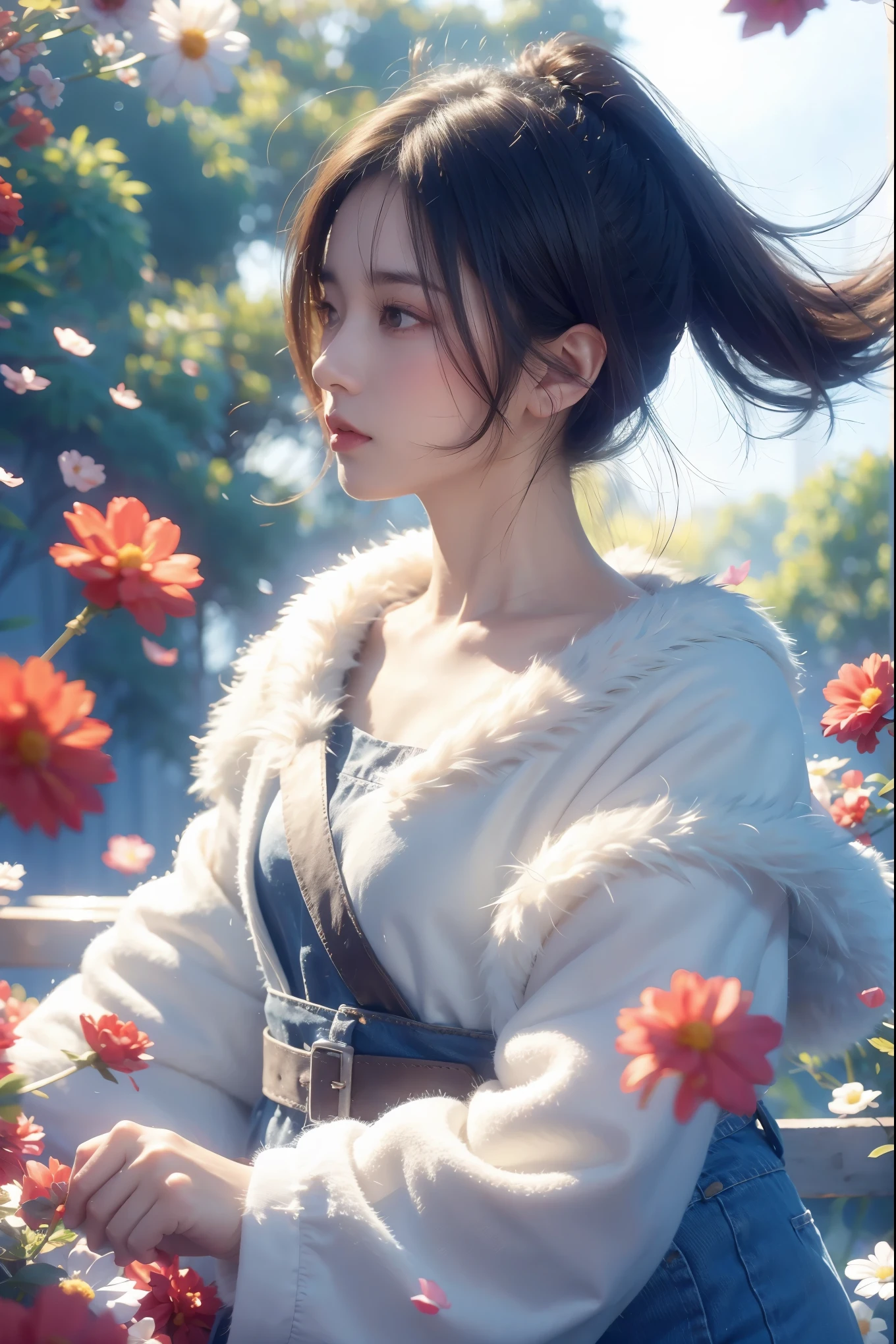 1girl,solo,long hair,realistic,lips,parted lips,upper body,blurry background,floating petals,jitome,cute,short hair