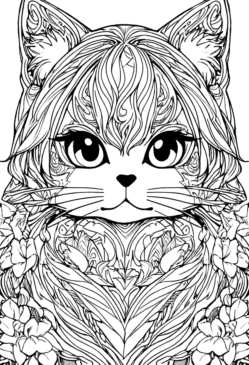 A drawing of a cat lying in a field of flowers, coloring page, very detailed illustration, very detailed lines, extremely detailed line work, Very detailed portrait, incredibly detailed line of work, hyper detailed line art, Very detailed drawing, line art coloring page, very detailed illustration.", extremely detailed portrait, very detailed illustration, very detailed artwork, detailed digital drawing