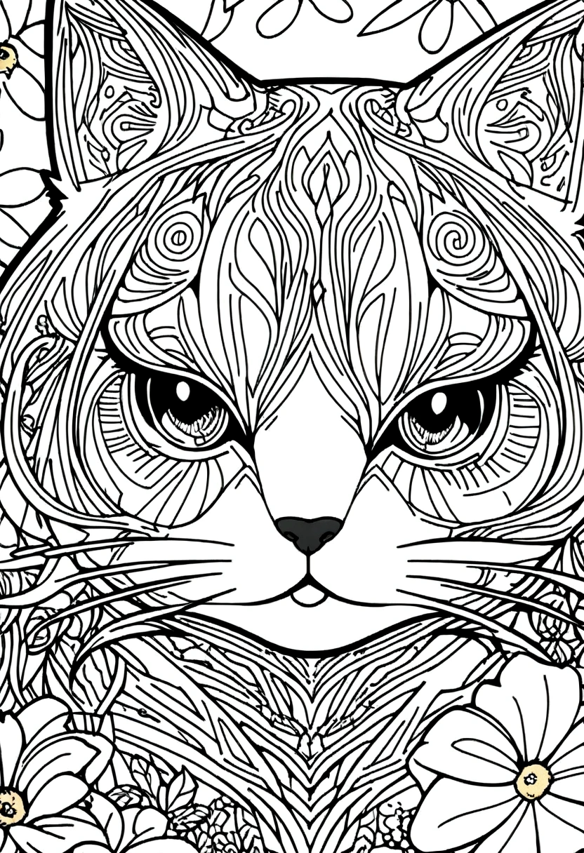A drawing of a cat lying in a field of flowers, coloring page, very detailed illustration, very detailed lines, extremely detailed line work, Very detailed portrait, incredibly detailed line of work, hyper detailed line art, Very detailed drawing, line art coloring page, very detailed illustration.", extremely detailed portrait, very detailed illustration, very detailed artwork, detailed digital drawing