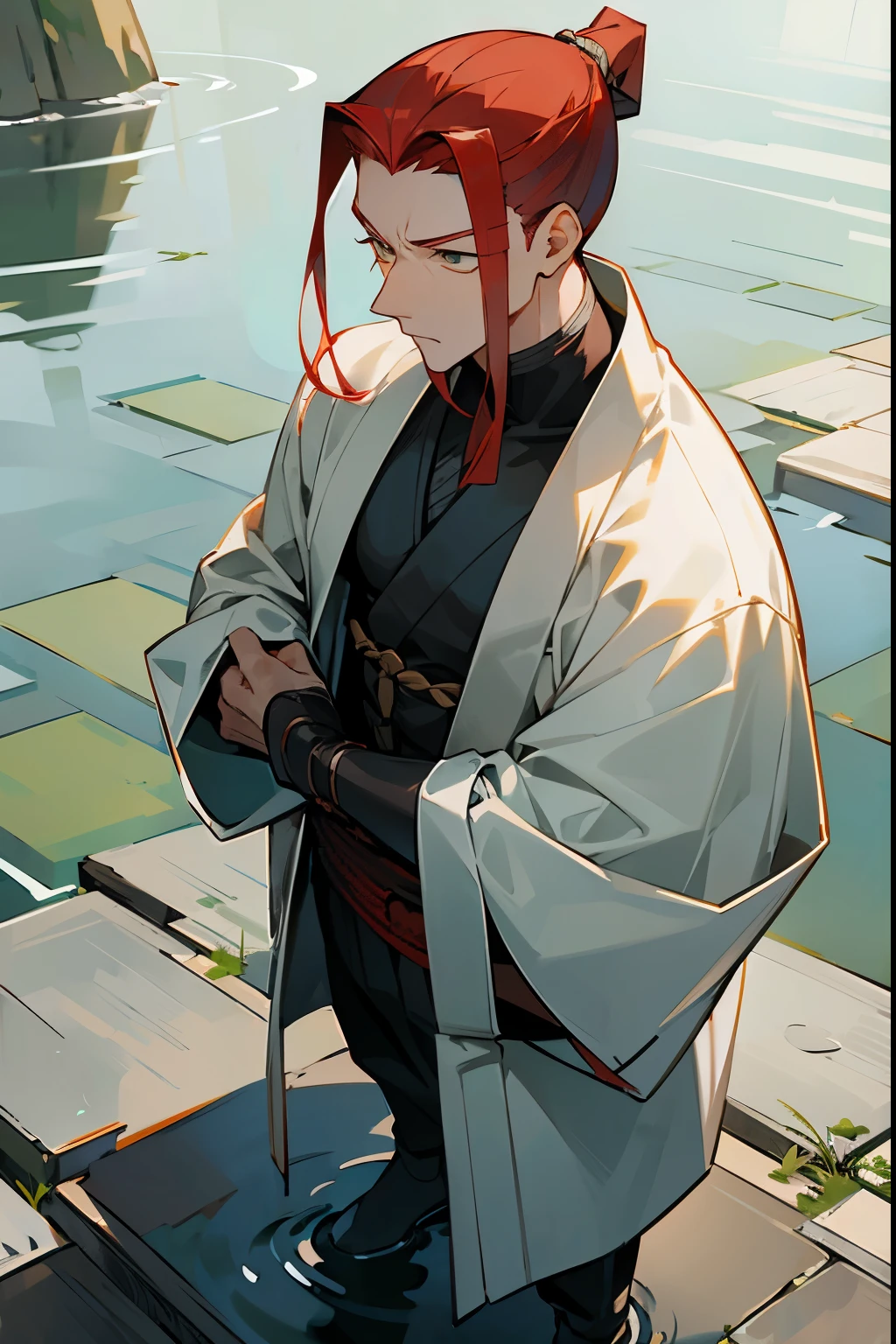 1male, Red Hair, White Yukata, Slick Back Hair, Grey and Green Haori, Combat Clothing, White Eyes, Serious Expression, Muscular, Perfect Generation, Adult Male, Coi Pond, Standing on Stones in the water