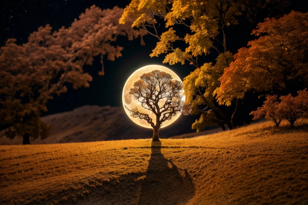 (The landscapes around are epic and grandiose..), filmed in ultra high definition (16K uhd) highlight complex details, (Photorealistic,Ultra realistic, Best quality), resembling a masterpiece of professional photography, (A fascinating sight), (in a surreal setting), (One tree, very strange tree, amazing tree, out of this world), (the full moon illuminates), (The composition has perfect lighting...), shot from a dynamic angle to enhance visual impact. Dramatic lighting accentuates the scene, (ultra detailed photo, HDR, uhd, 16K), (ultra detailed landscape), (scenic professional photography, Raw photo), combination of bright colors, Ring, r4nd0m