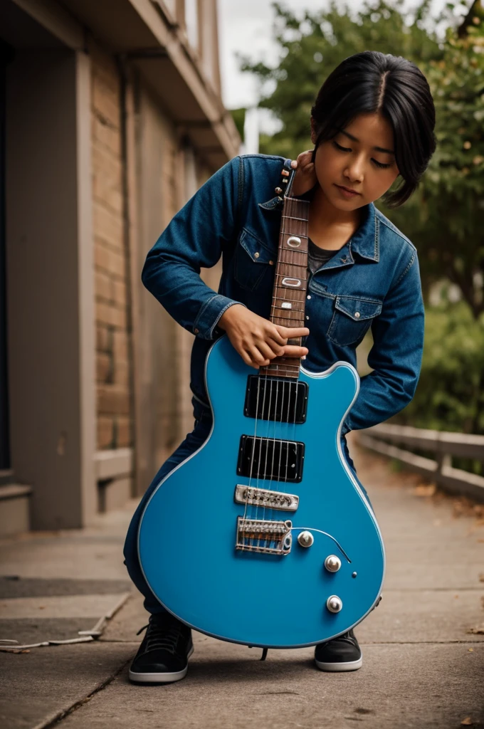 Blue electric guitar with black