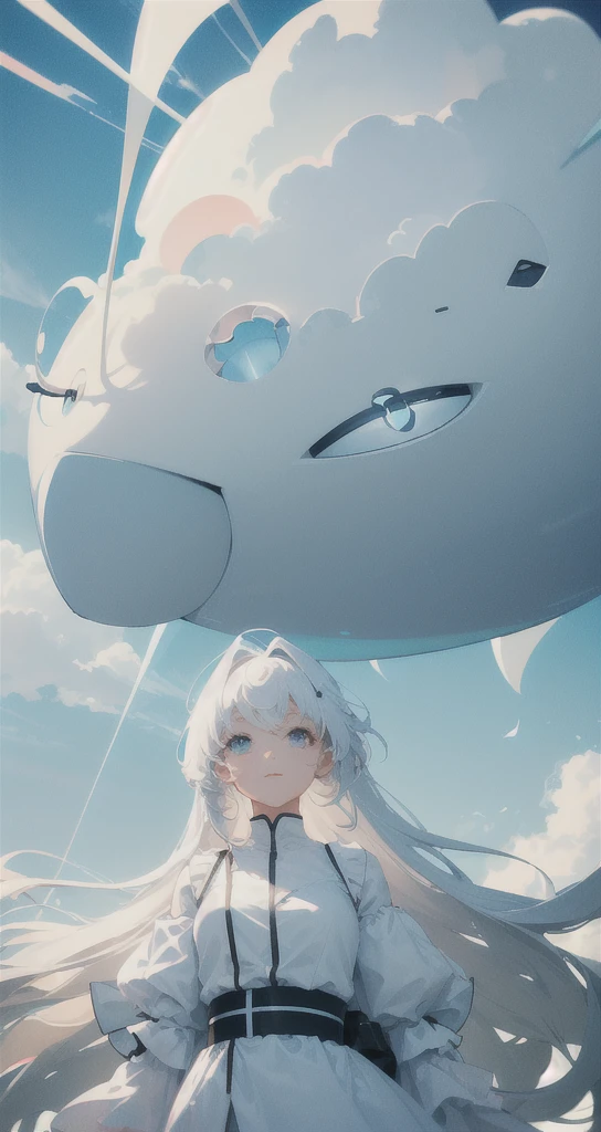 masterpiece, best quality, movie still, 1girl, floating in the sky, cloud girl, cloud, (close-up:1.1), bright, happy, fun, soft lighting, (Bauhaus, shapes, lines, abstract:1.1)