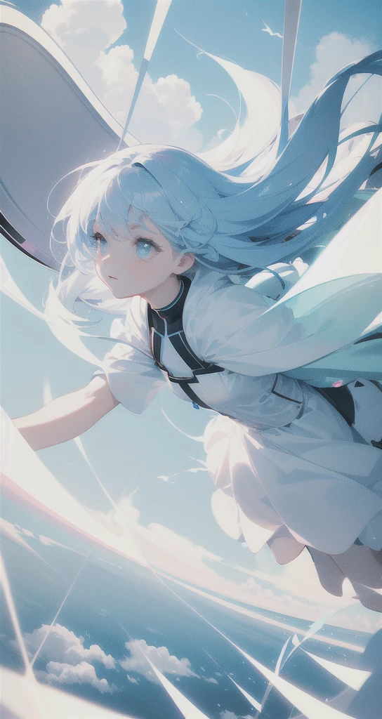 masterpiece, best quality, movie still, 1girl, floating in the sky, cloud girl, cloud, (close-up:1.1), bright, happy, fun, soft lighting, (Bauhaus, shapes, lines, abstract:1.1)