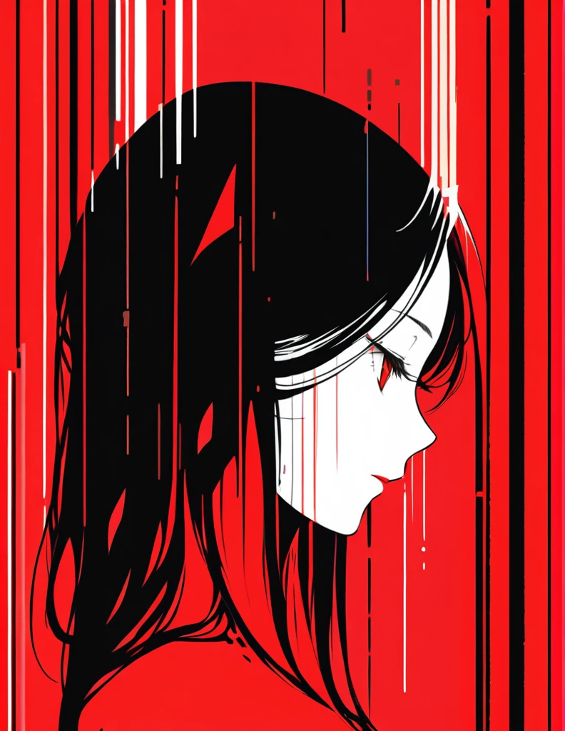 Illustrate an elegant stunning beautiful woman's face in profile using sleek white lines on a Red canvas 、alone, One girl, profile,Black Bob,　profile,  The background color is solid yellow,An illustration