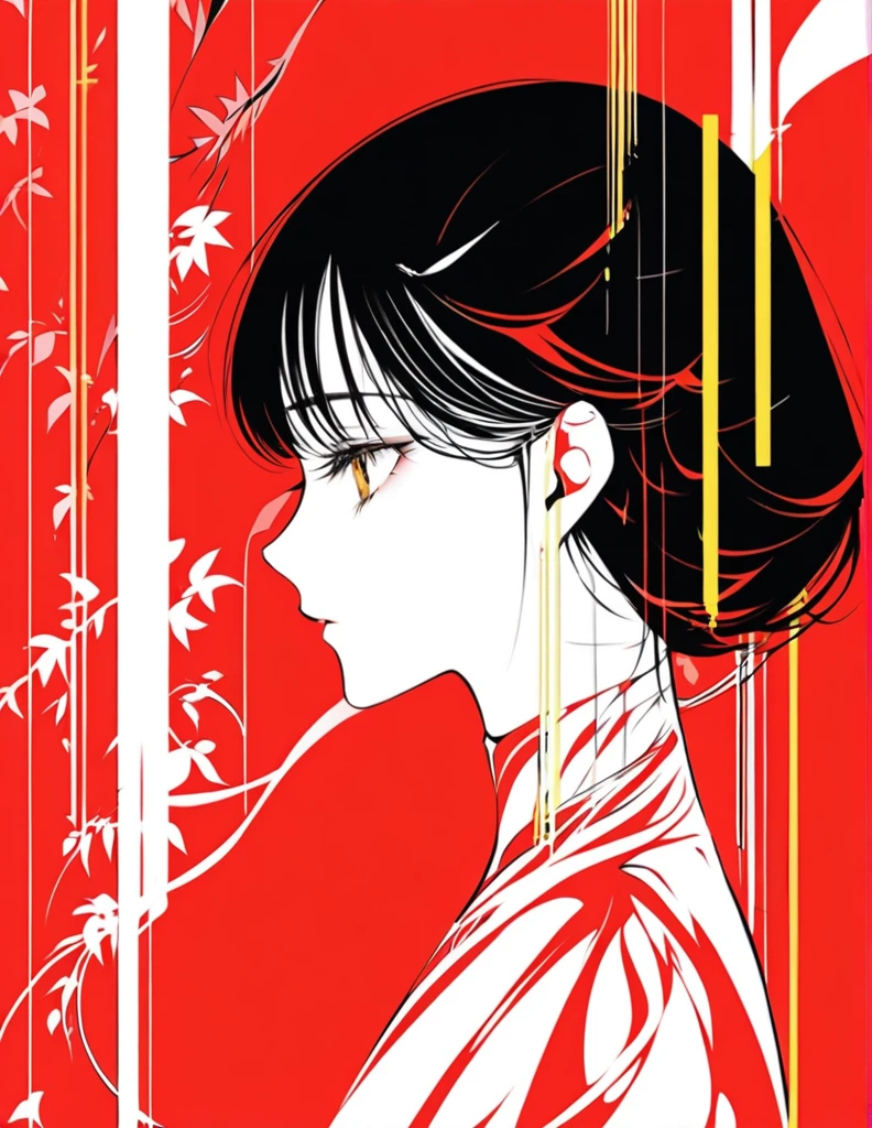 Illustrate an elegant stunning beautiful woman's face in profile using sleek white lines on a Red canvas 、alone, One girl, profile,Black Bob,　profile,  The background color is solid yellow,An illustration