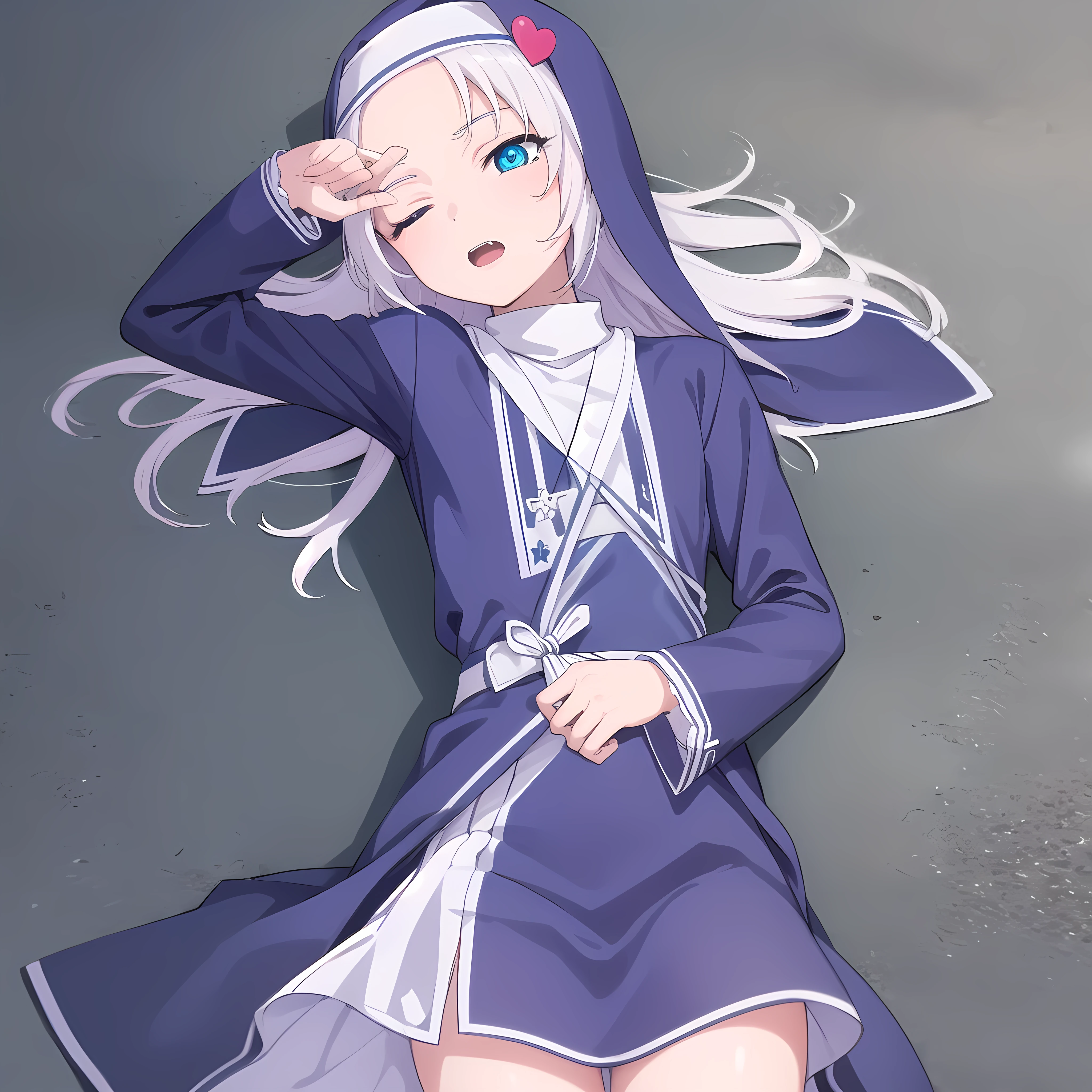 mariatakayama, maria takayama, long hair, blue eyes, fang, aqua eyes,
BREAK jewelry, heart, necklace, nun, habit, white short skirt
BREAK outdoors, lying on the ground, sleeping, closed eyes, open mouth
BREAK sleeping in front of viewer (cowboy shot:1.5),
BREAK (masterpiece:1.2), best quality, high resolution, unity 8k wallpaper, (illustration:0.8), (beautiful detailed eyes:1.6), extremely detailed face, perfect lighting, extremely detailed CG, (perfect hands, perfect anatomy),