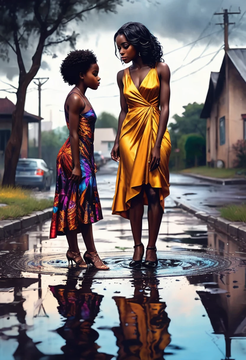 Create an artwork of a black young girl in vibrant silk dress staring at a beautiful mature black woman in a puddle of water on the ground. The art in vibrant and dark moody look.